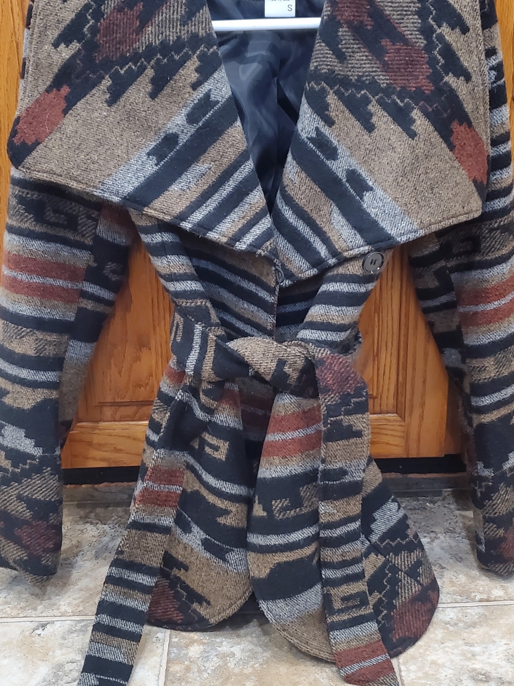 Aztec-Pattern Belted Shawl Cardigan Sweater - Black, Brown & Rust